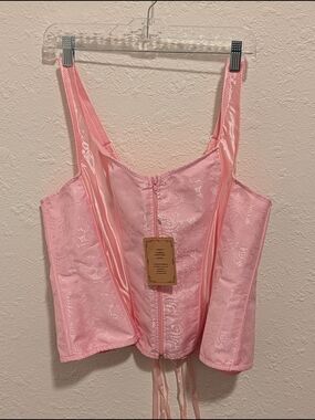 Amazon Pink Brocade Corset Top with Ribbon Back